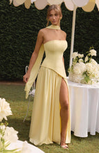 Fashion Strapless Asymmetrical Yellow Maxi Dress H7159