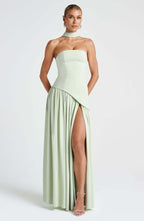 Fashion Strapless Asymmetrical Yellow Maxi Dress H7159