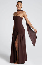 Fashion Strapless Asymmetrical Yellow Maxi Dress H7159