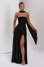 Fashion Strapless Asymmetrical Yellow Maxi Dress H7159