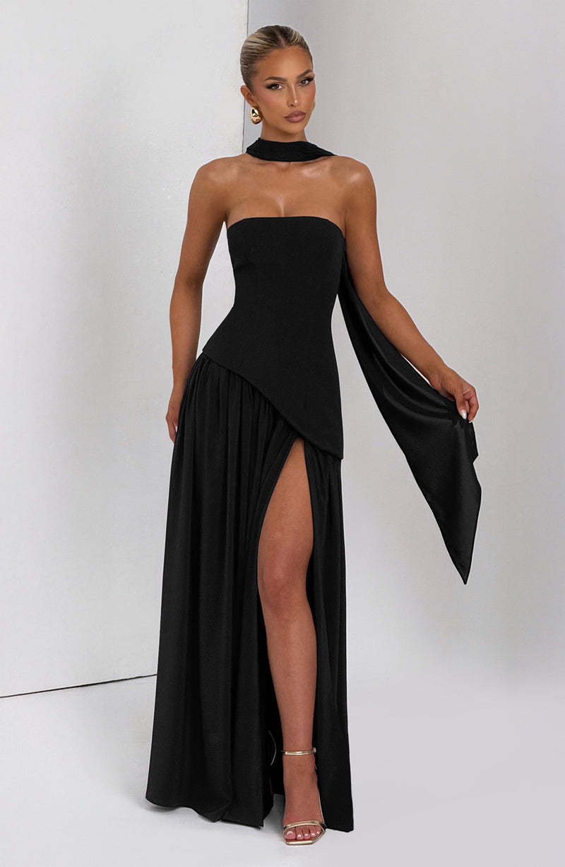 Fashion Strapless Asymmetrical Yellow Maxi Dress H7159