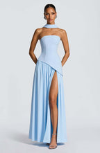 Fashion Strapless Asymmetrical Yellow Maxi Dress H7159
