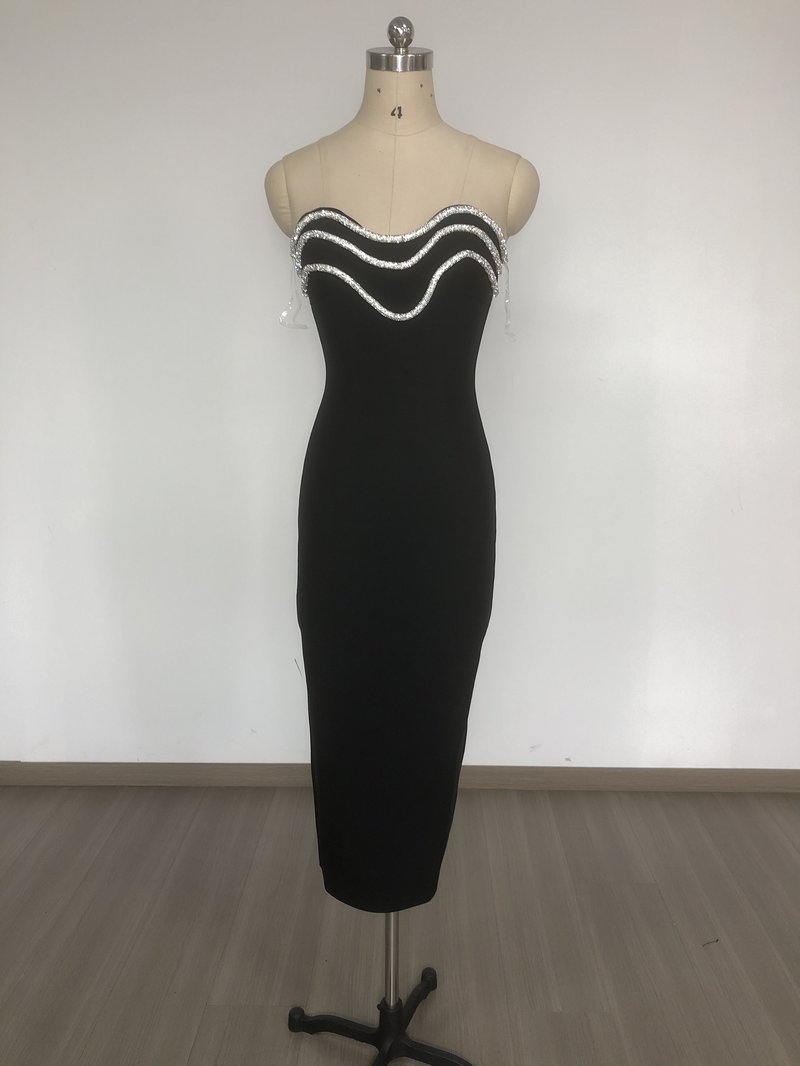 Strapless Beaded Black Midi Dress H6663