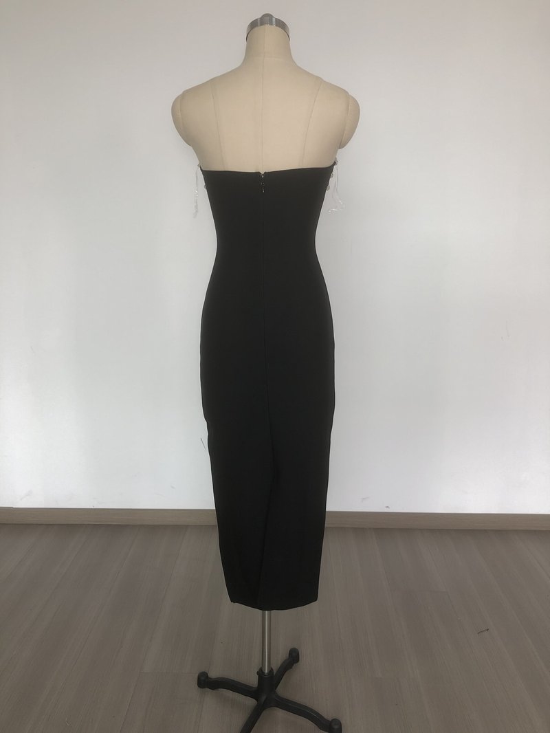 Strapless Beaded Black Midi Dress H6663
