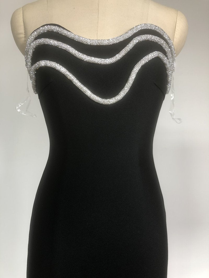 Strapless Beaded Black Midi Dress H6663