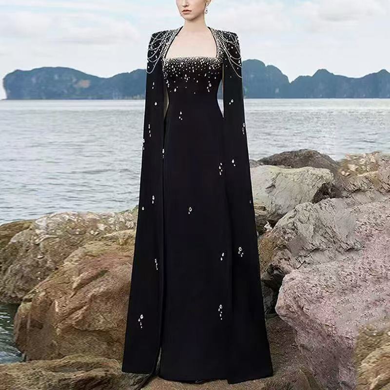 Strapless Beaded Cape Maxi Dress H6577