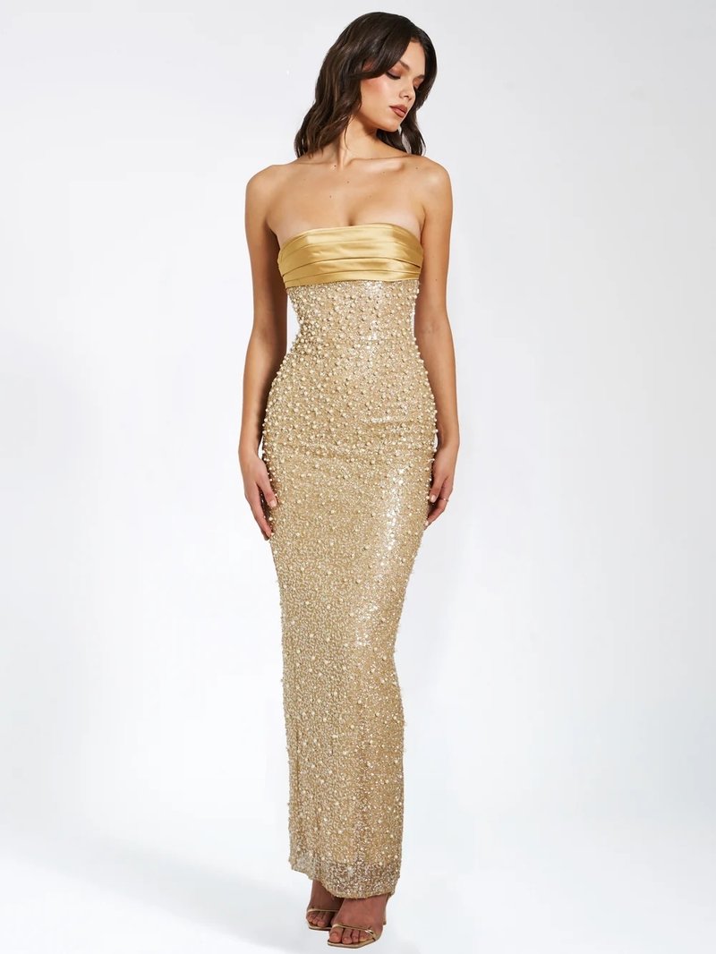 Strapless Beaded Gold Maxi Dress H6723