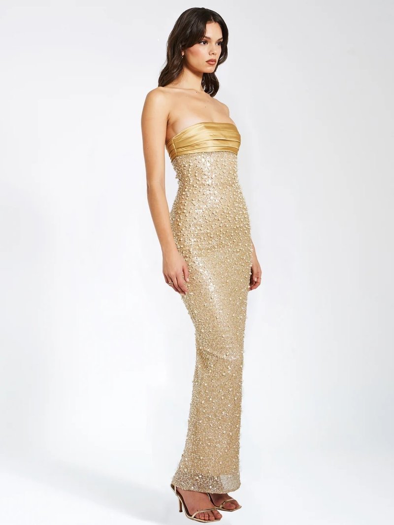 Strapless Beaded Gold Maxi Dress H6723