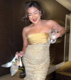 Strapless Beaded Gold Maxi Dress H6723