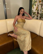 Strapless Beaded Gold Maxi Dress H6723