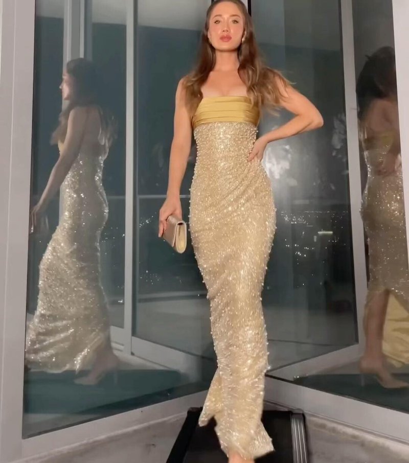 Strapless Beaded Gold Maxi Dress H6723
