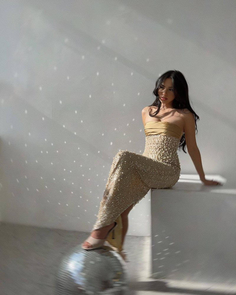 Strapless Beaded Gold Maxi Dress H6723