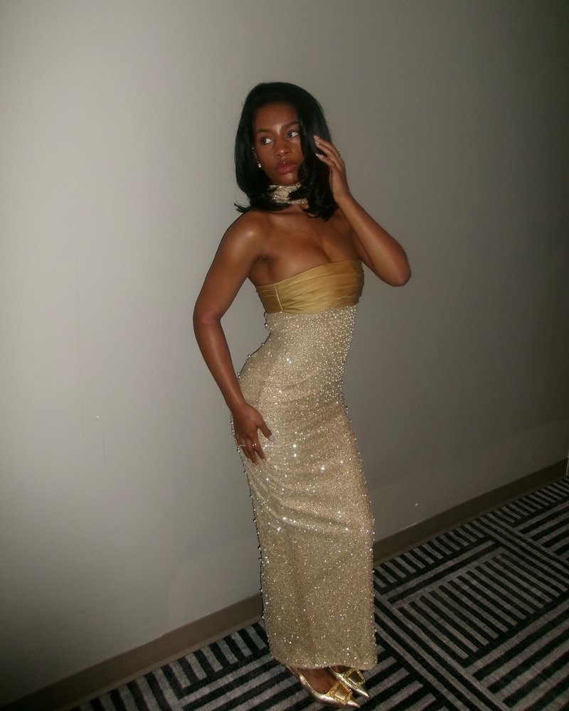 Strapless Beaded Gold Maxi Dress H6723