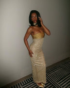 Strapless Beaded Gold Maxi Dress H6723