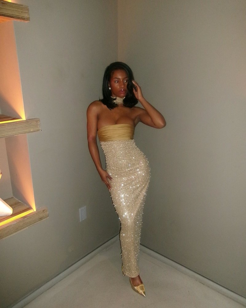 Strapless Beaded Gold Maxi Dress H6723