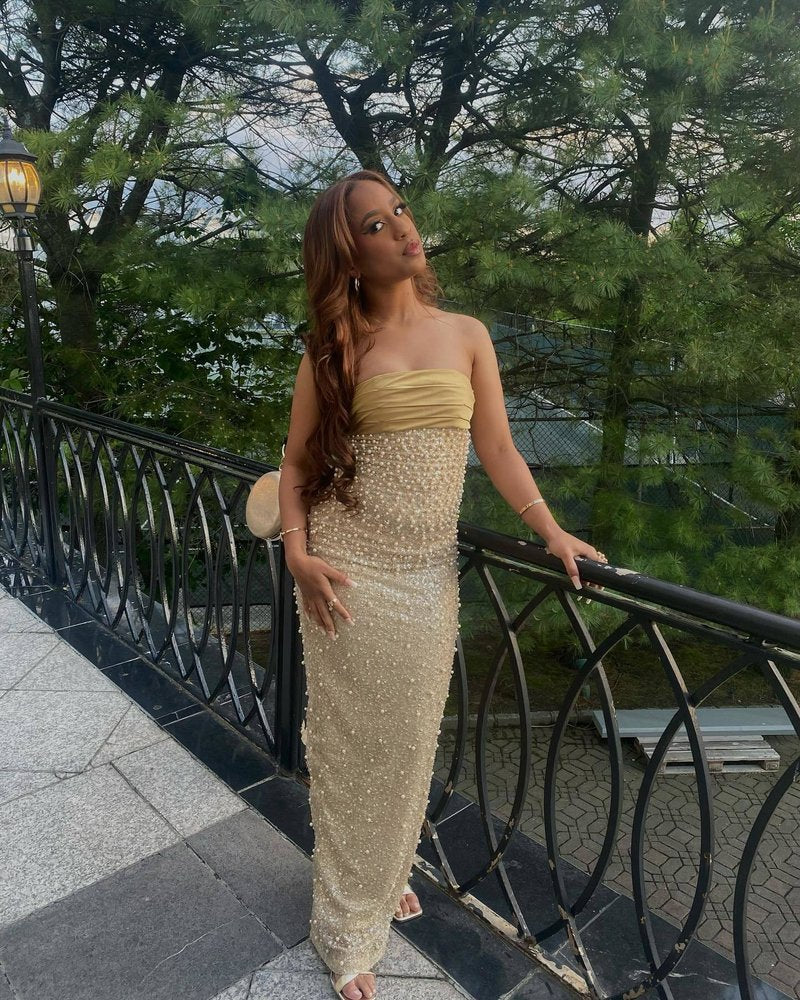 Strapless Beaded Gold Maxi Dress H6723