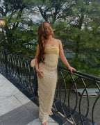 Strapless Beaded Gold Maxi Dress H6723