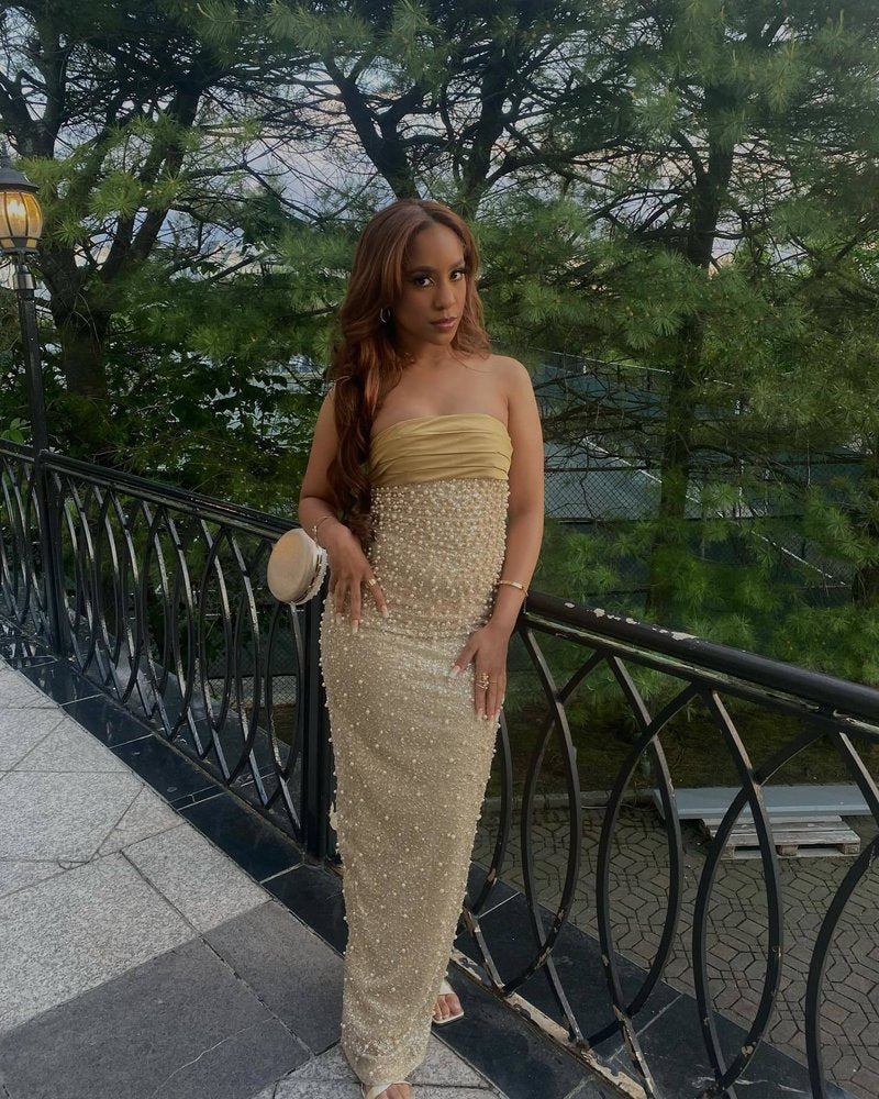 Strapless Beaded Gold Maxi Dress H6723