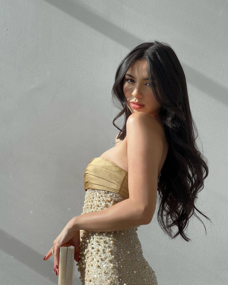 Strapless Beaded Gold Maxi Dress H6723