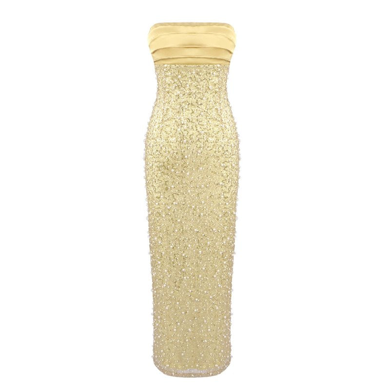 Strapless Beaded Gold Maxi Dress H6723