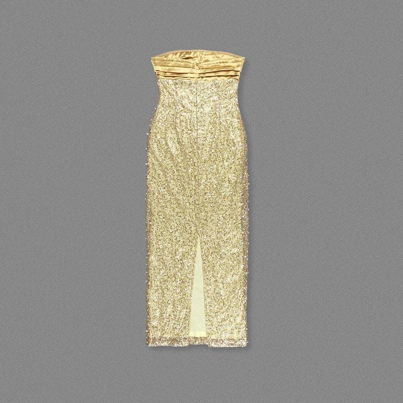 Strapless Beaded Gold Maxi Dress H6723
