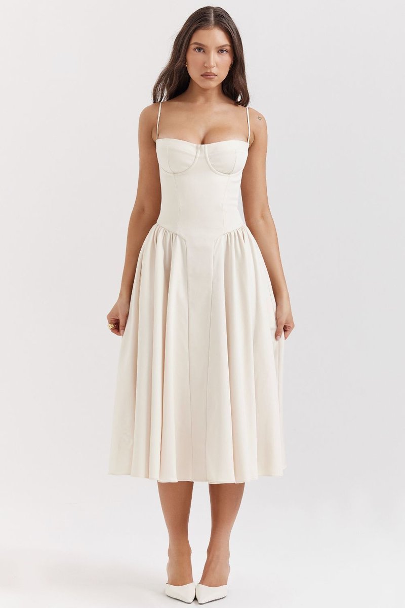 Strapless Beige Midi Dress with Ruffle Hem H6330