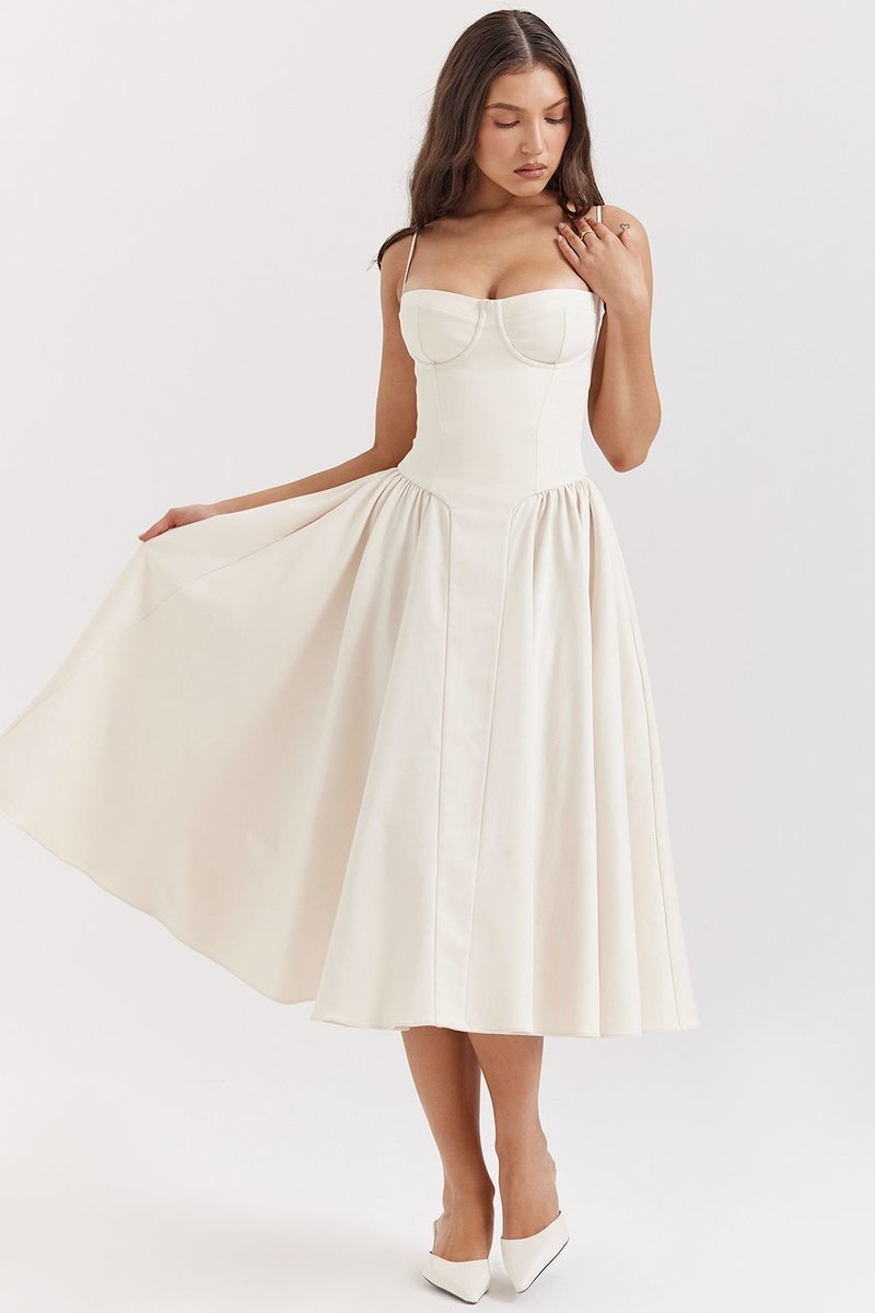 Strapless Beige Midi Dress with Ruffle Hem H6330