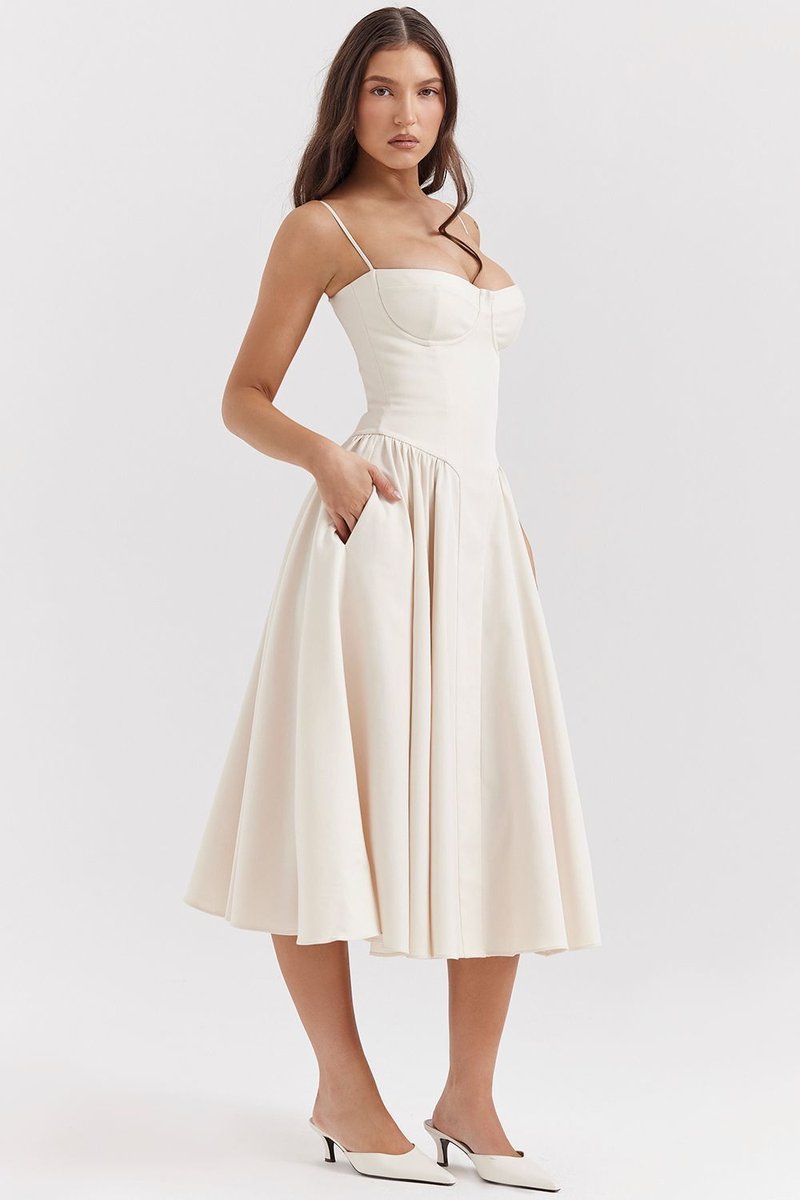 Strapless Beige Midi Dress with Ruffle Hem H6330