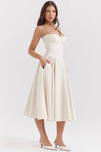 Strapless Beige Midi Dress with Ruffle Hem H6330