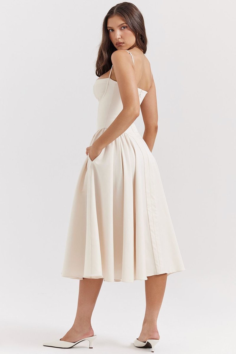 Strapless Beige Midi Dress with Ruffle Hem H6330