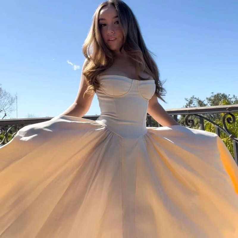 Strapless Beige Midi Dress with Ruffle Hem H6330