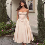Strapless Beige Midi Dress with Ruffle Hem H6330