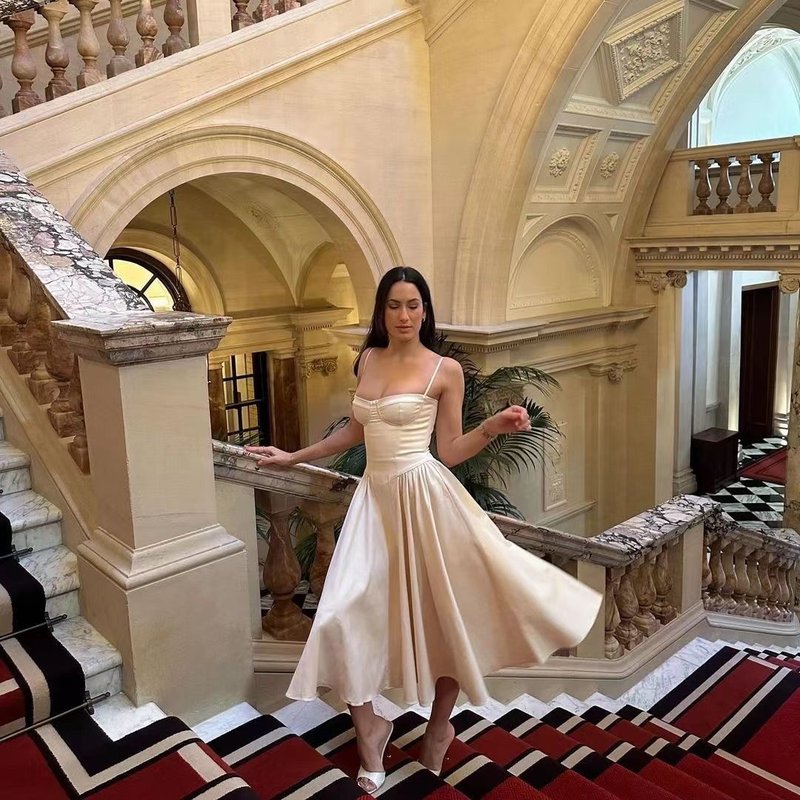Strapless Beige Midi Dress with Ruffle Hem H6330