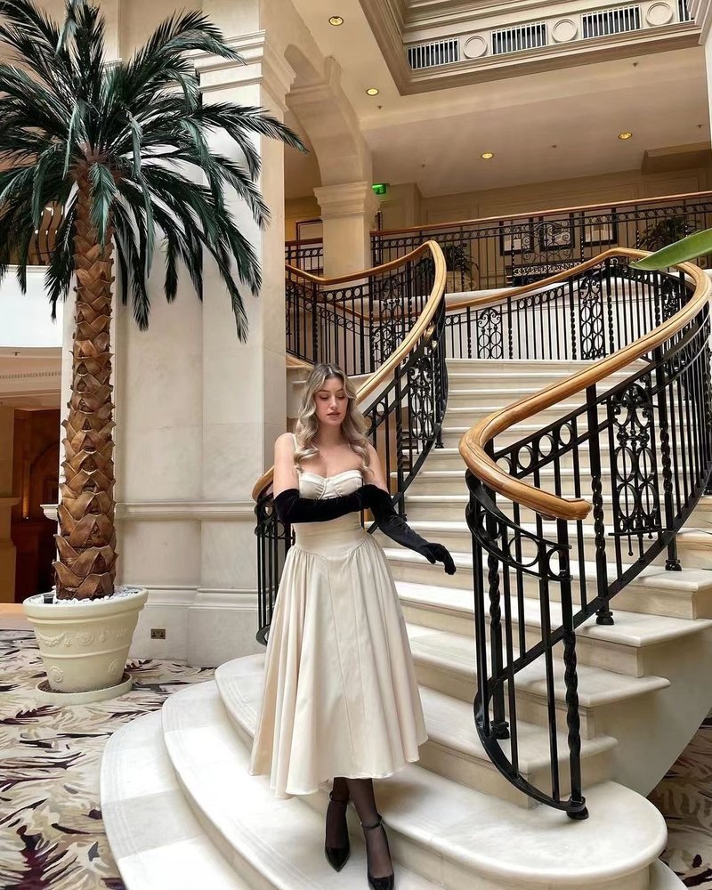 Strapless Beige Midi Dress with Ruffle Hem H6330