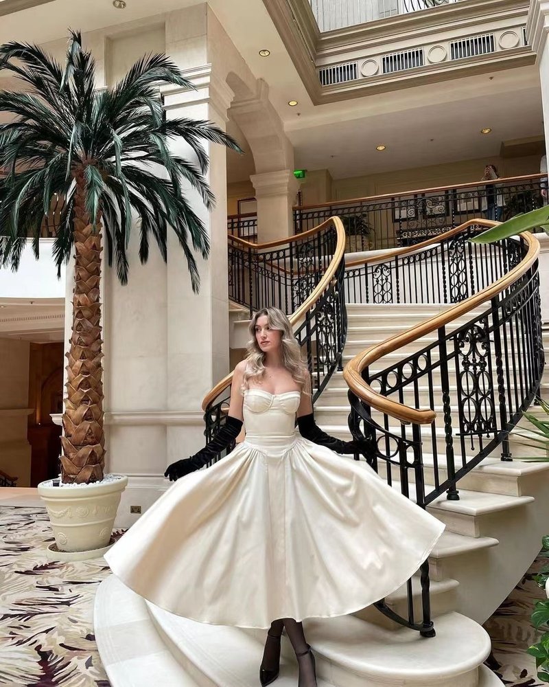 Strapless Beige Midi Dress with Ruffle Hem H6330