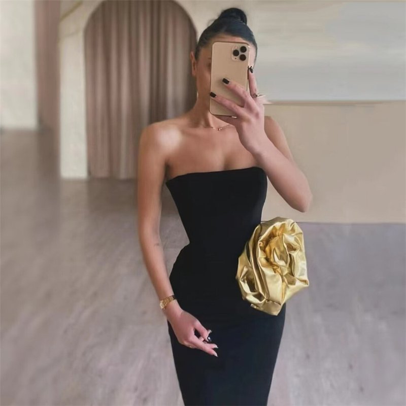 Strapless Black Bandage Dress with Gold Rose Clutch H6452