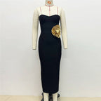 Strapless Black Bandage Dress with Gold Rose Clutch H6452