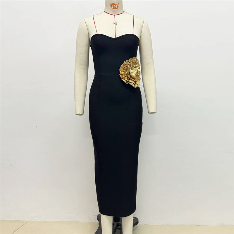 Strapless Black Bandage Dress with Gold Rose Clutch H6452