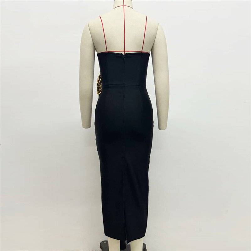 Strapless Black Bandage Dress with Gold Rose Clutch H6452