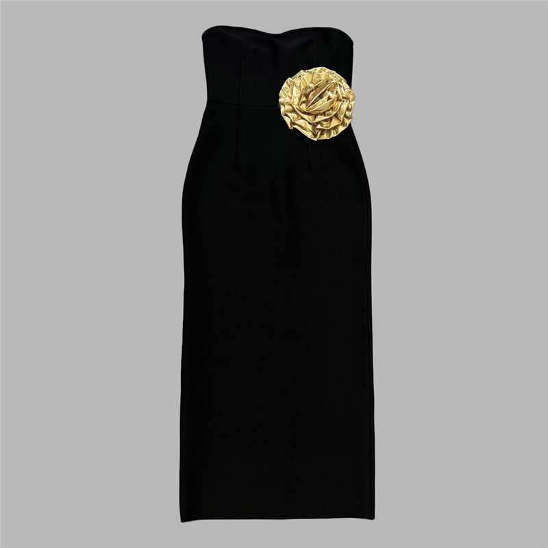 Strapless Black Bandage Dress with Gold Rose Clutch H6452