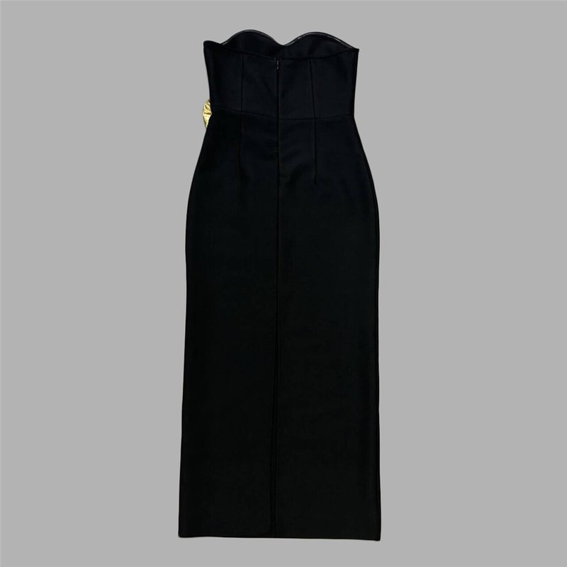 Strapless Black Bandage Dress with Gold Rose Clutch H6452