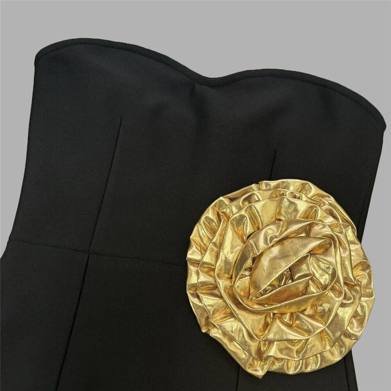 Strapless Black Bandage Dress with Gold Rose Clutch H6452