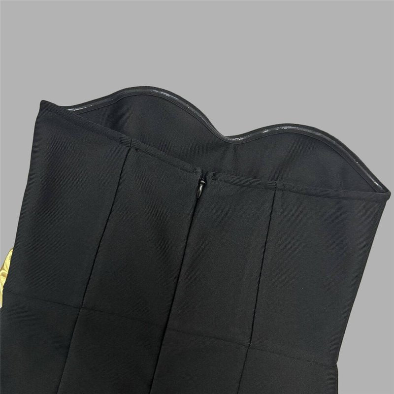Strapless Black Bandage Dress with Gold Rose Clutch H6452