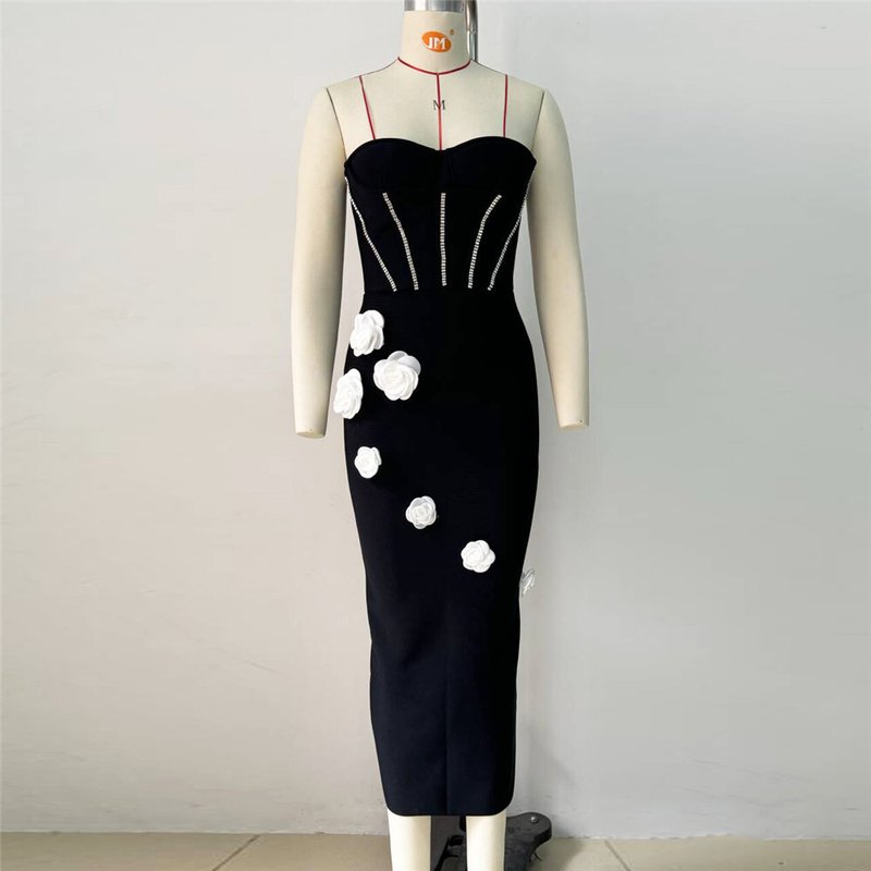 Strapless Black Bandage Dress with White Roses H6485