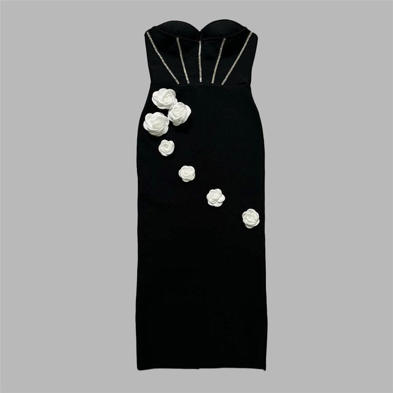 Strapless Black Bandage Dress with White Roses H6485