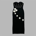 Strapless Black Bandage Dress with White Roses H6485
