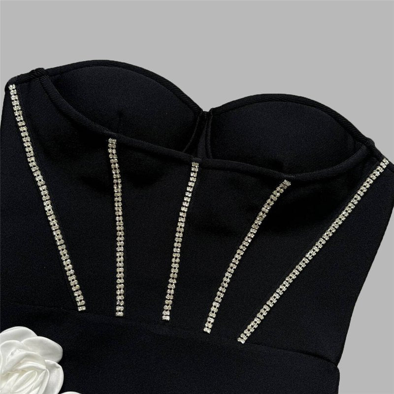 Strapless Black Bandage Dress with White Roses H6485