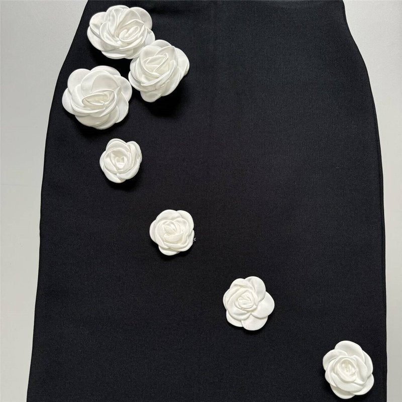 Strapless Black Bandage Dress with White Roses H6485