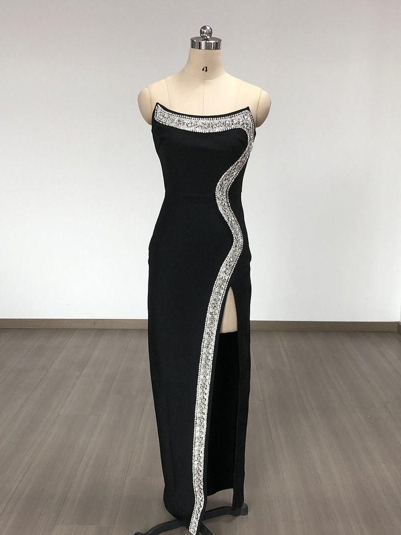 Strapless Black Crystal Embellished Maxi Dress H6678