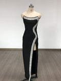 Strapless Black Crystal Embellished Maxi Dress H6678